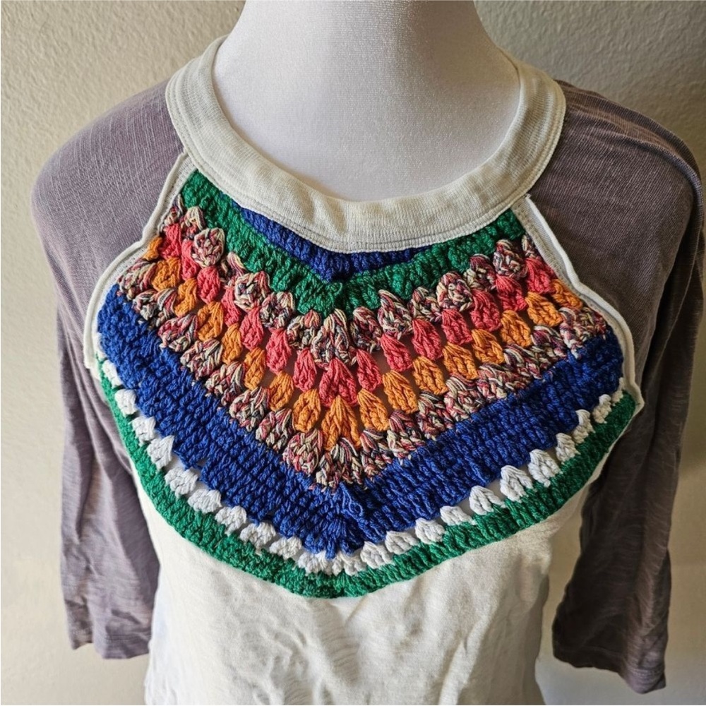 Free People Spring Bound Crochet Detail Top Blue Combo Size L - Picture 4 of 6